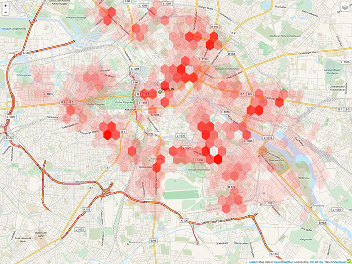 Fig. 6 Alternative offset grid with hexagon heat map visualisation