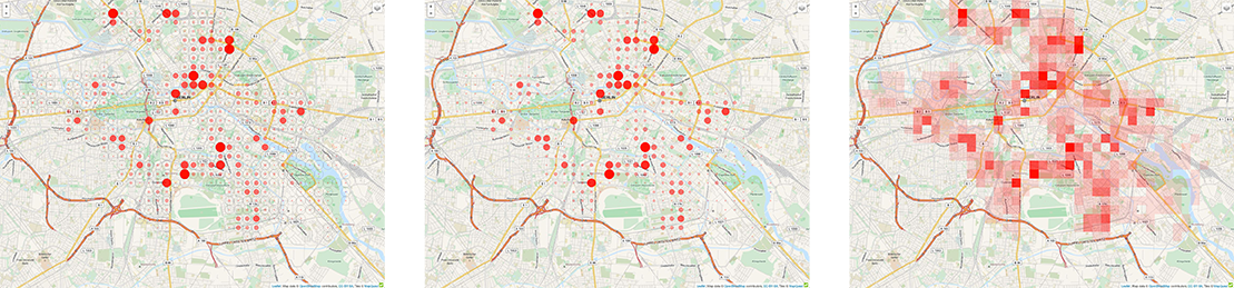 Fig. 5 Three different heat map visualisations on top of maps