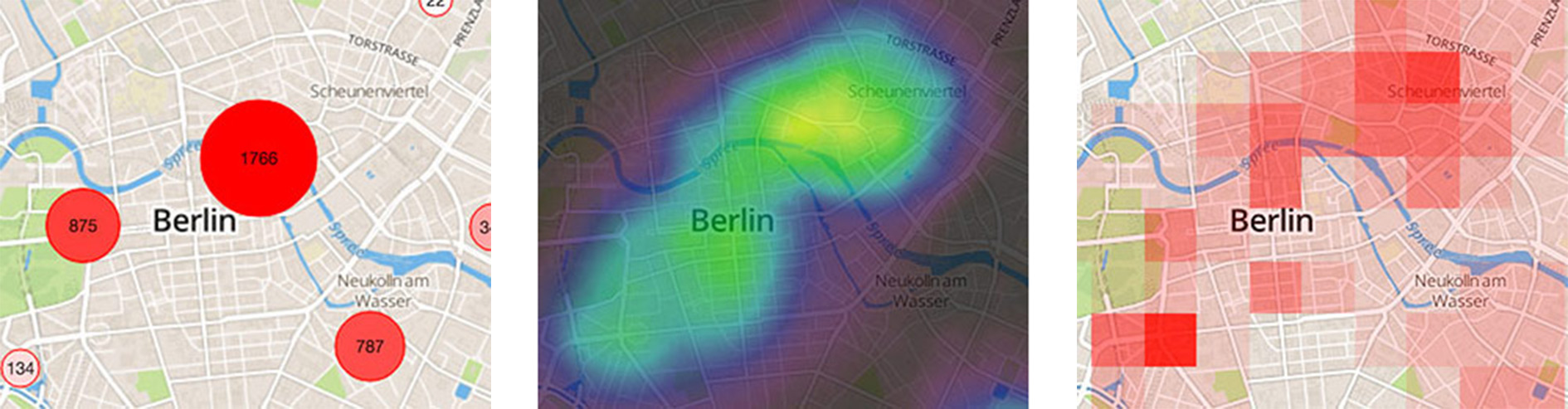 Figure 2. Left to right: 1 Marker Cluster, 2. Heatmap, 3. Tiled Heatmap.