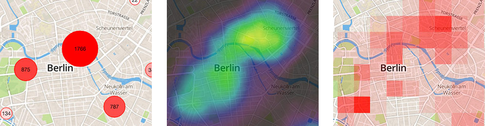 Figure 2. 1. Marker Cluster, 2. Heatmaps, 3. Tiled Heatmaps