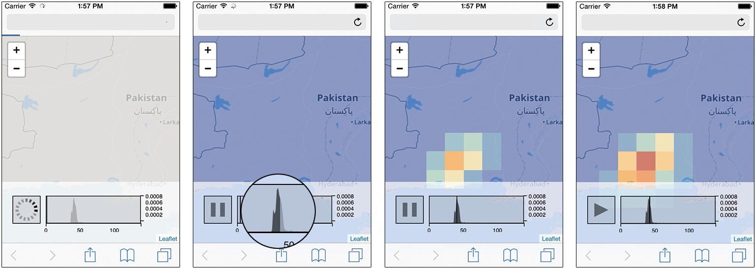 Figure 1. Implementation of the heat map animation with the overview progress bar interface at the bottom. From left to right: 1.1 Initial Loading View with overview visualization 1.2. Overview visualization is used as a progress bar 1.3. The playhead shows the current position on the timeline 1.4. The animation is paused
